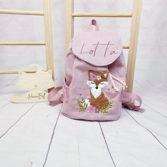 Handmade Kindergartenrucksack mit Bohofuchs in rosa. Rucksack kann personalisiert werden.