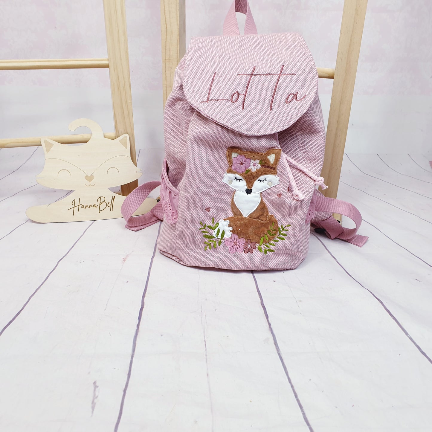 Handmade Kindergartenrucksack mit Boho Fuchs in rosa. Rucksack kann personalisiert werden.