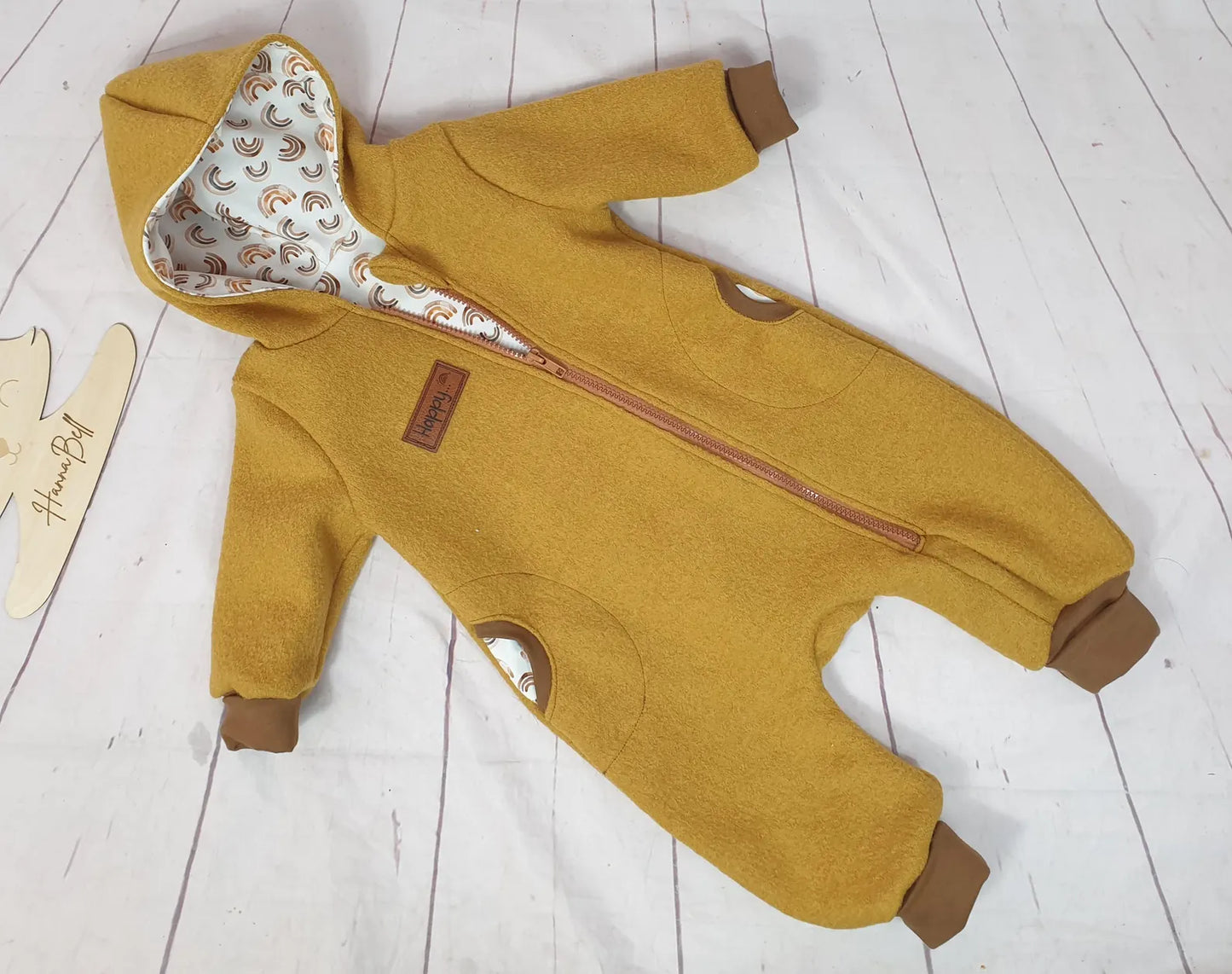 Gr. 80 Wollwalk Overall Baby/ Kleinkind - Regenbogen-Bärli, Senfgelb