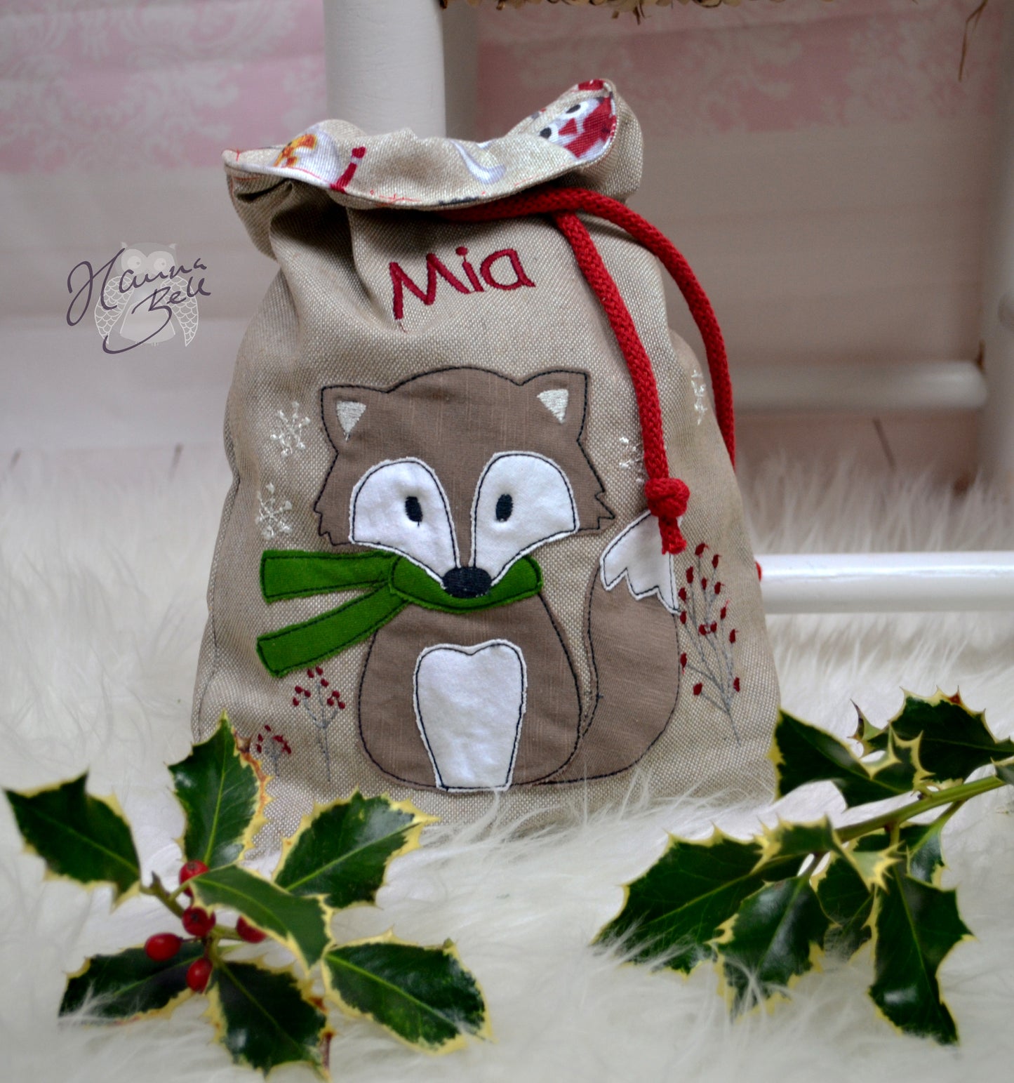 Weihnachtsbeutel mit Kordelzug, handgemacht, nachhaltige Geschenkverpackung