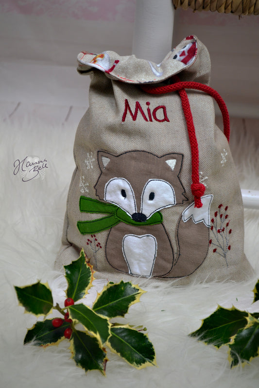 Geschenkbeutel Weihnachten, Fuchs bestickt, mit Namen, wiederverwendbar