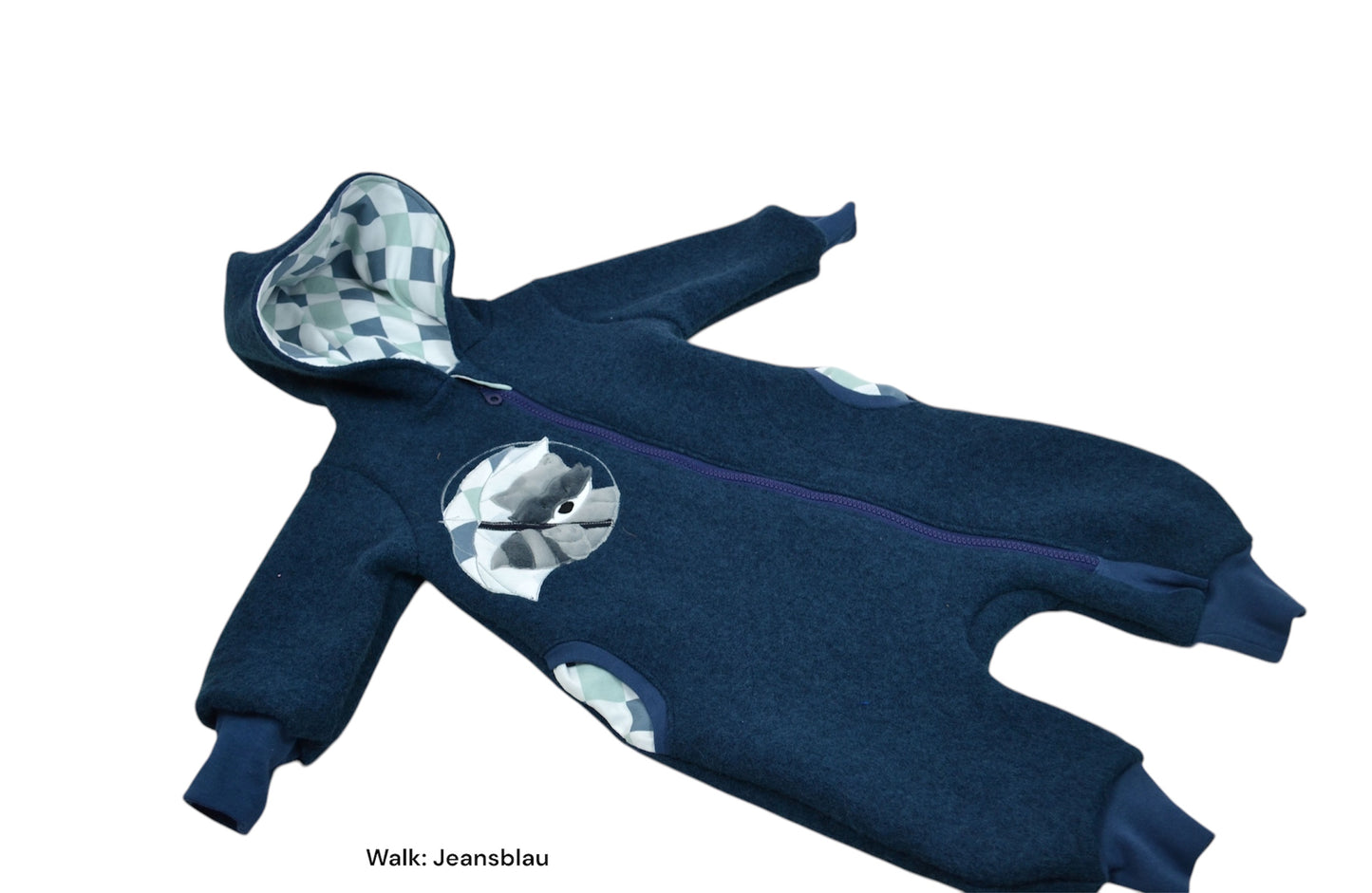 Blauer Walkanzug für Babys und Kleinkinder mit Waschbärstickerei