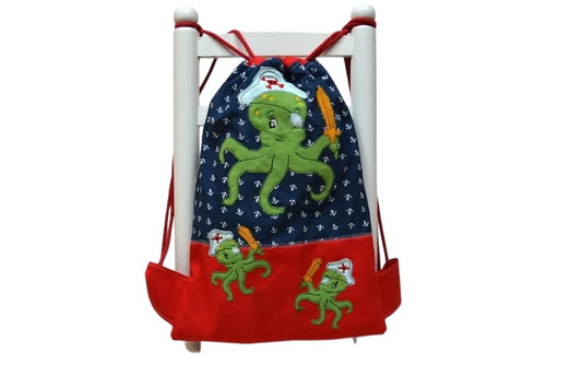 Personalisierter Turnbeutel - Kraken-Motiv mit Ankerdetails - Farbe Blau/Rot - HannaBell Lieblingslädchen