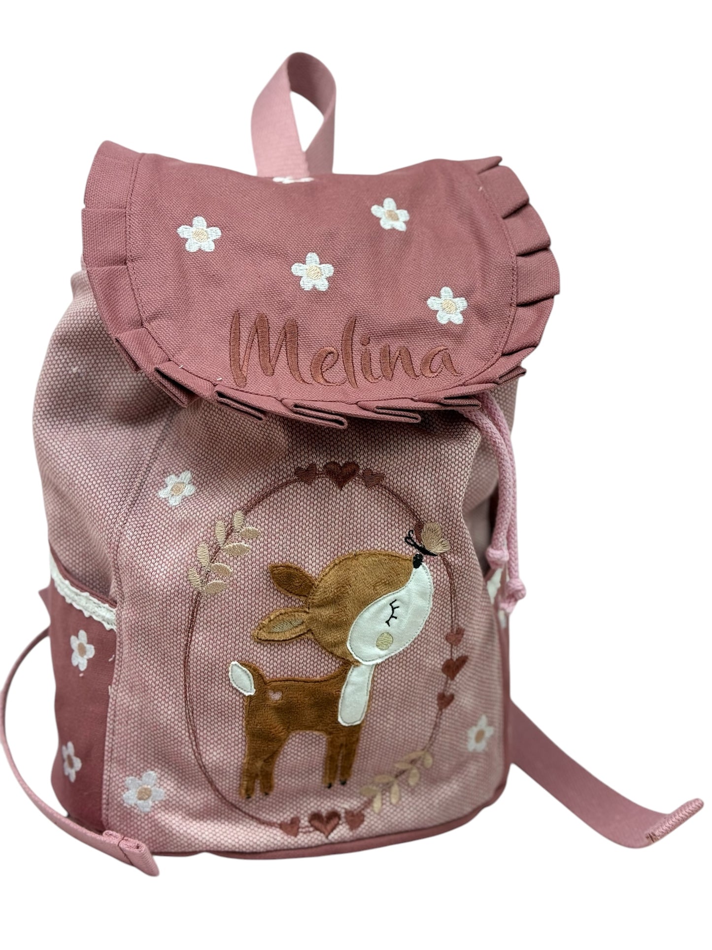 Rosa Kita-Rucksack mit Reh-Motiv und rundherum bestickten Blümchen, aus Baumwollcanvas, personalisiert mit Namen, für Kinder von 2 bis 6 Jahren.
