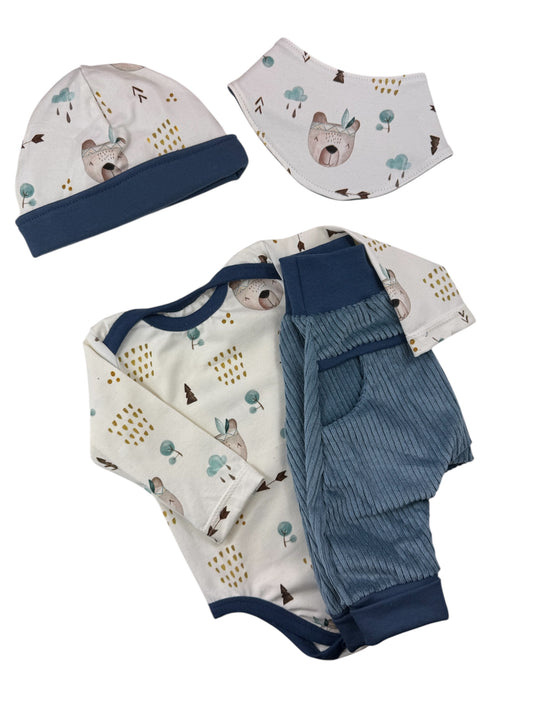 Verkleinerung des Hauptfotos zur besseren Übersicht, des BabySets in Gr. 62 bestehend aus Hose, Langarmbody, Mütze und Halstuch