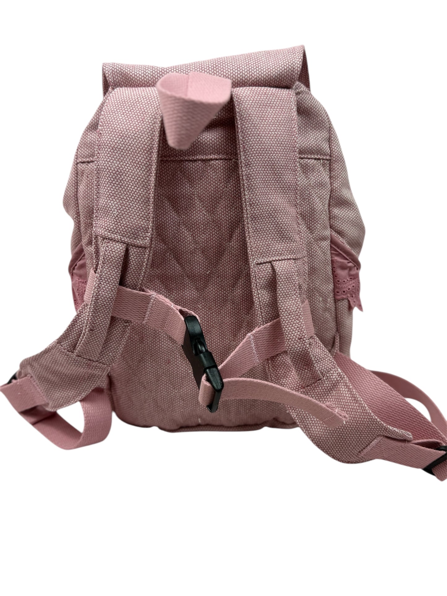Rückansicht: Rosa Rucksack mit verstellbaren Trägern und Brustgurt