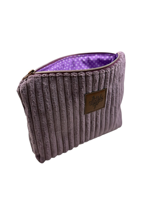 Stehende Kosmetiktasche aus Lila Cord - handgemacht und detailreich