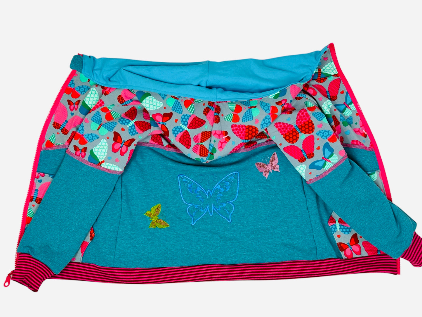 Bunte Schmetterlingsjacke in petrol und blaue sowie rosa rot- Tönen