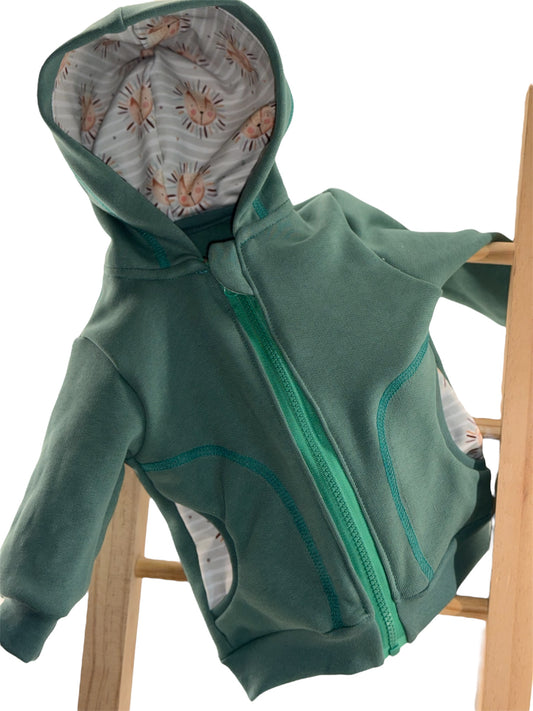 Handgemachte grüne Kinder Kapuzenjacke mit Löwenfutter, geschlossen, Sweatstoff, Größen 56–164