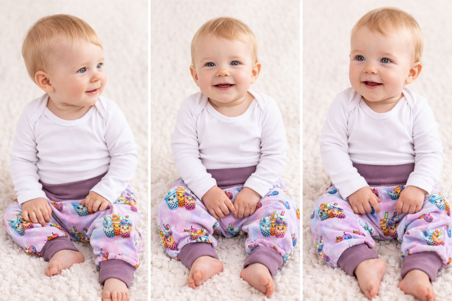 Baby trägt handgefertigte Pumphose in Größe 56 mit farbenfrohem Motivstoff, fotografiert an sitzendem Baby für Größen und Passformdarstellung