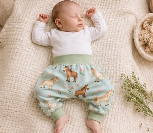 Handmade Pumphose mit Ponymotiv aus Sommersweat für Babys und Kinder