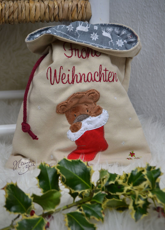 Personalisierter Nikolaus-Sack mit Teddy in Nikolaussocke