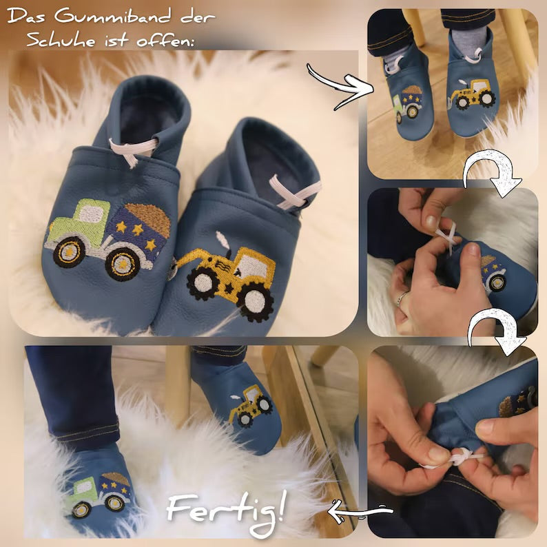 Fotocollage zur Erklärung, dass das Gummiband der Schuhe immer offen ist 
