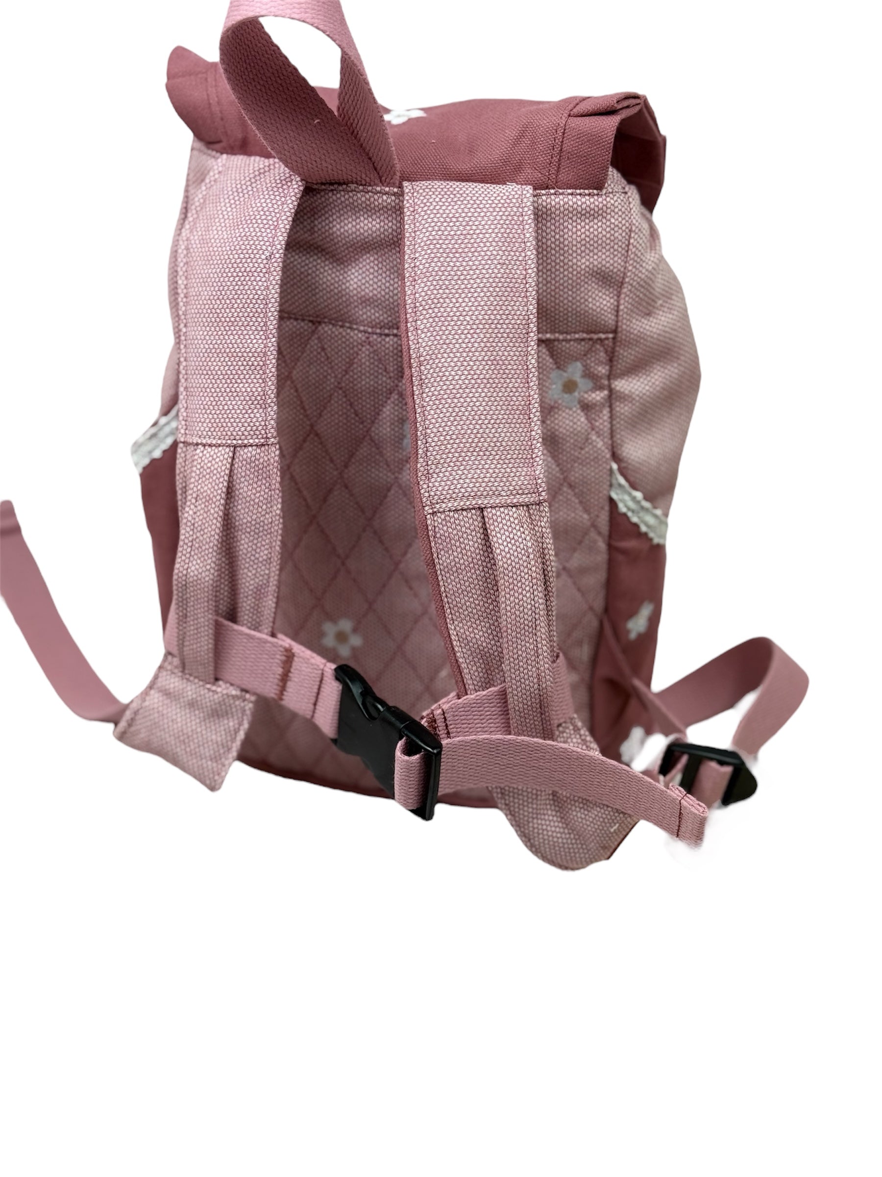 Rückansicht: Rosa Rucksack mit verstellbaren Schultergurten und praktischem Brustgurt.
