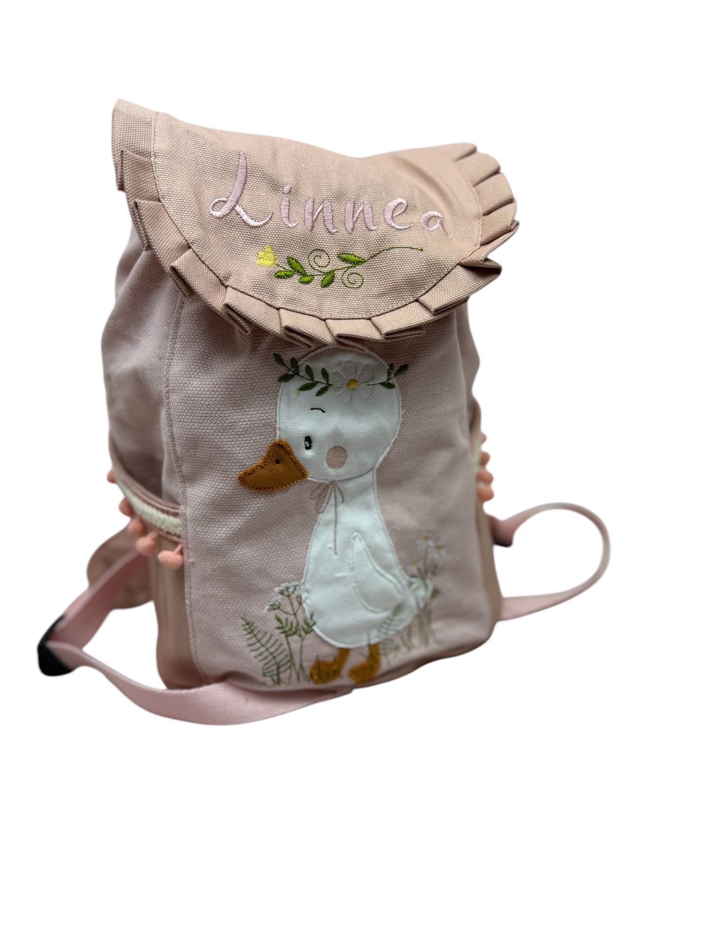 Personalisierter Kindergartenrucksack – Ente mit Blumenstickerei | Mit Namen bestickt | Rosa