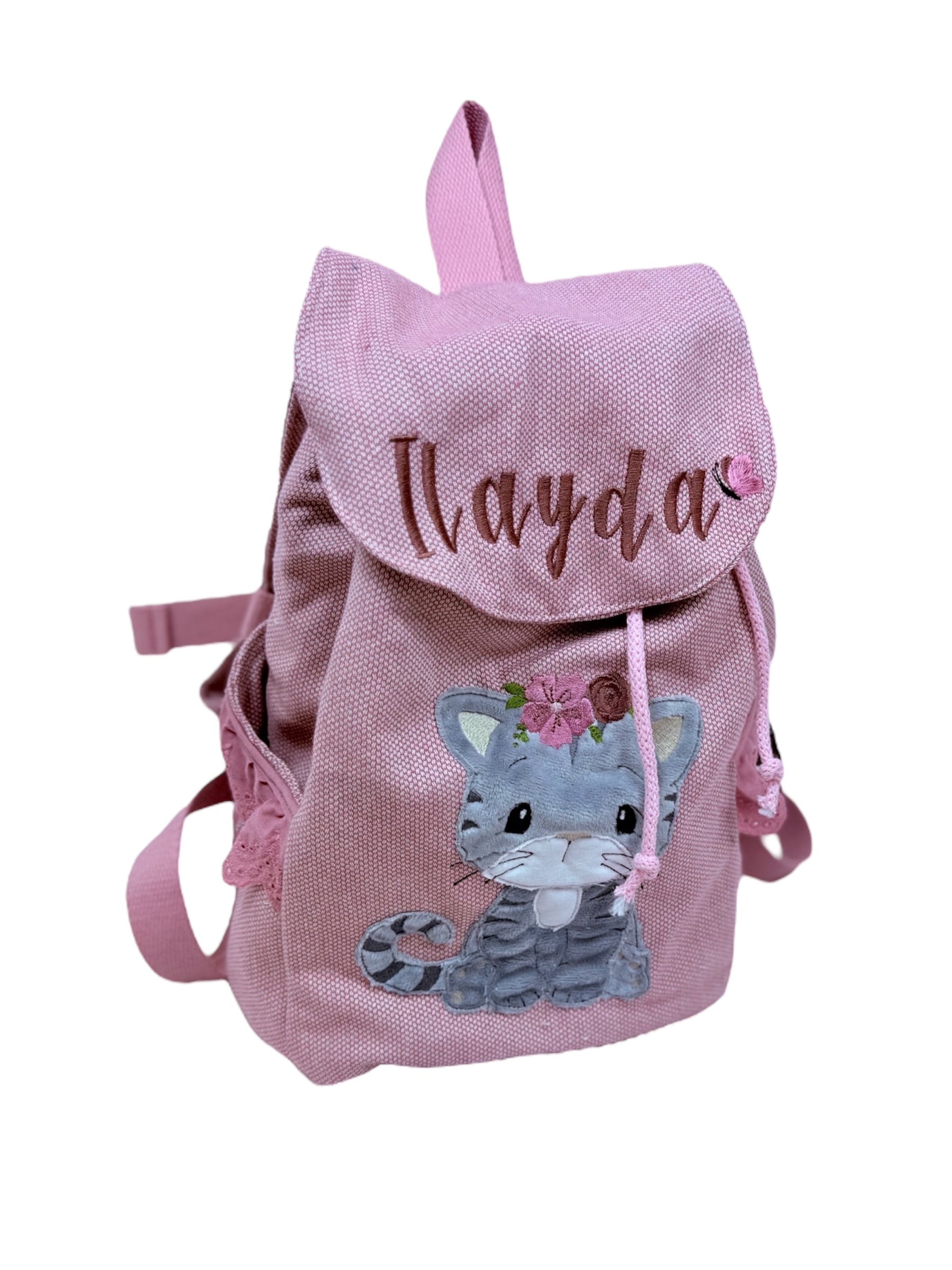 Vorderansicht: Rosa Kita-Rucksack mit Name und Katze