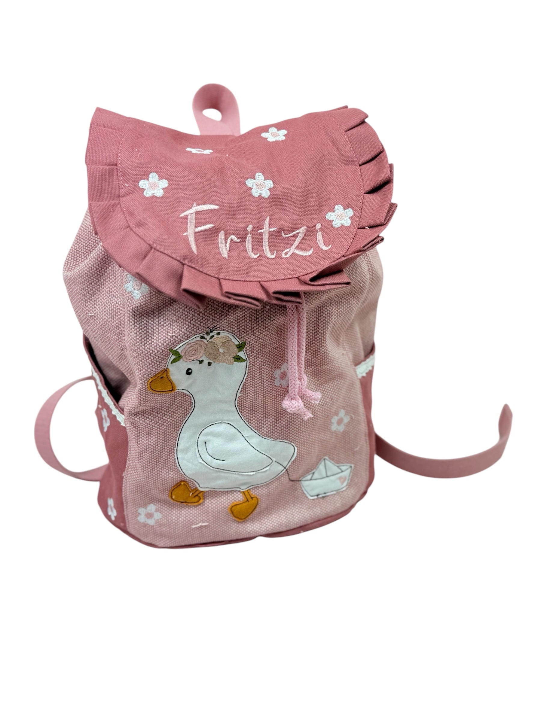 Vorderansicht: Altrosa Kindergartenrucksack mit Gänsemotiv, Blumenstickerei und Namen 