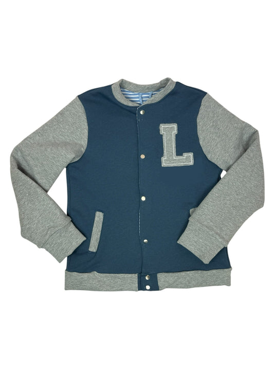 Außenansicht Collegejacke Kinder – marineblau mit grauen Ärmeln
