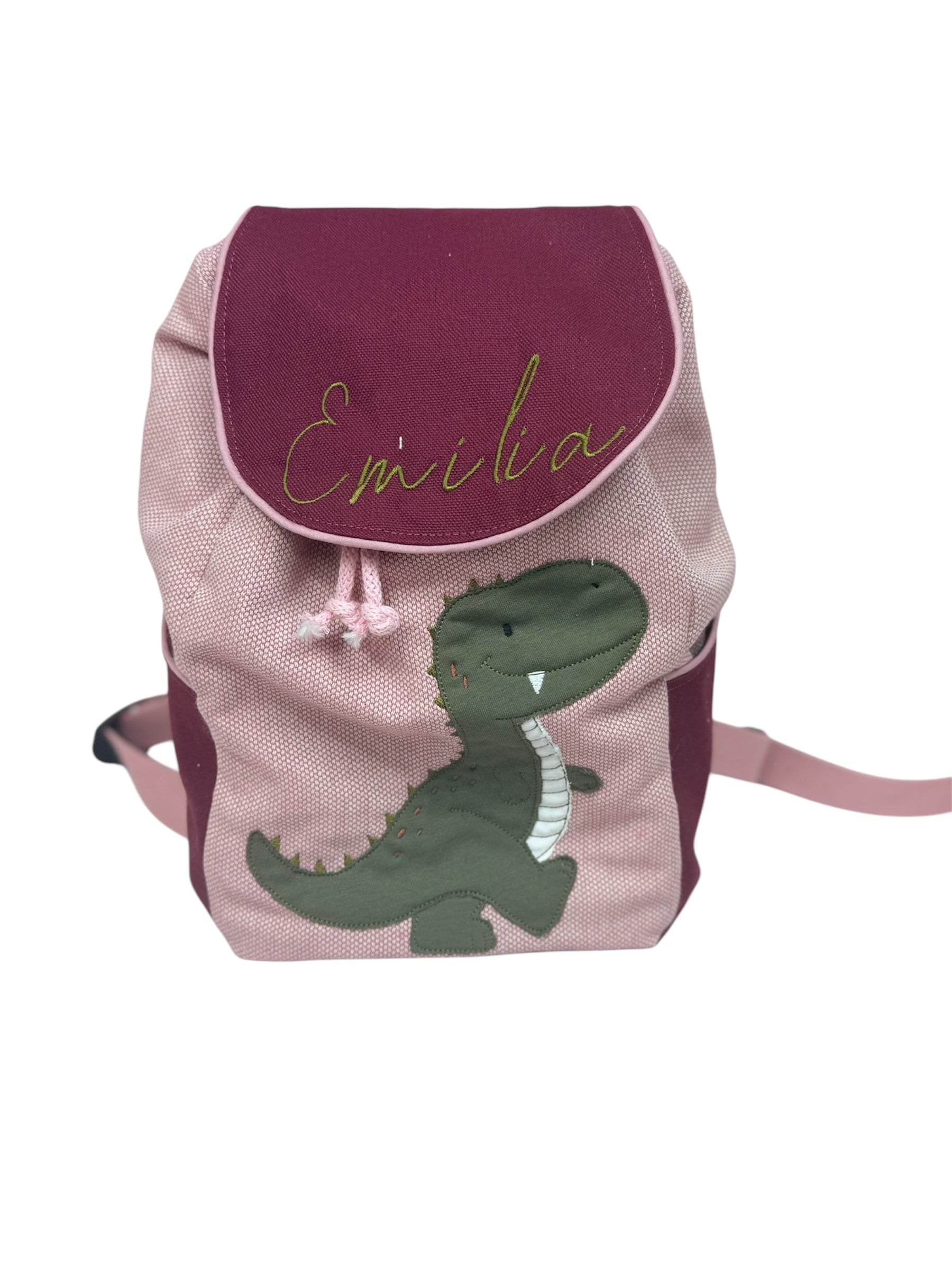 Vorderansicht des Dino-Rucksacks mit Stickerei und Namenspersonalisierung