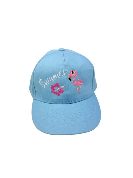Kinderkappe mit pinkem Flamingo, Hibiskus und „Summer“-Stickerei.