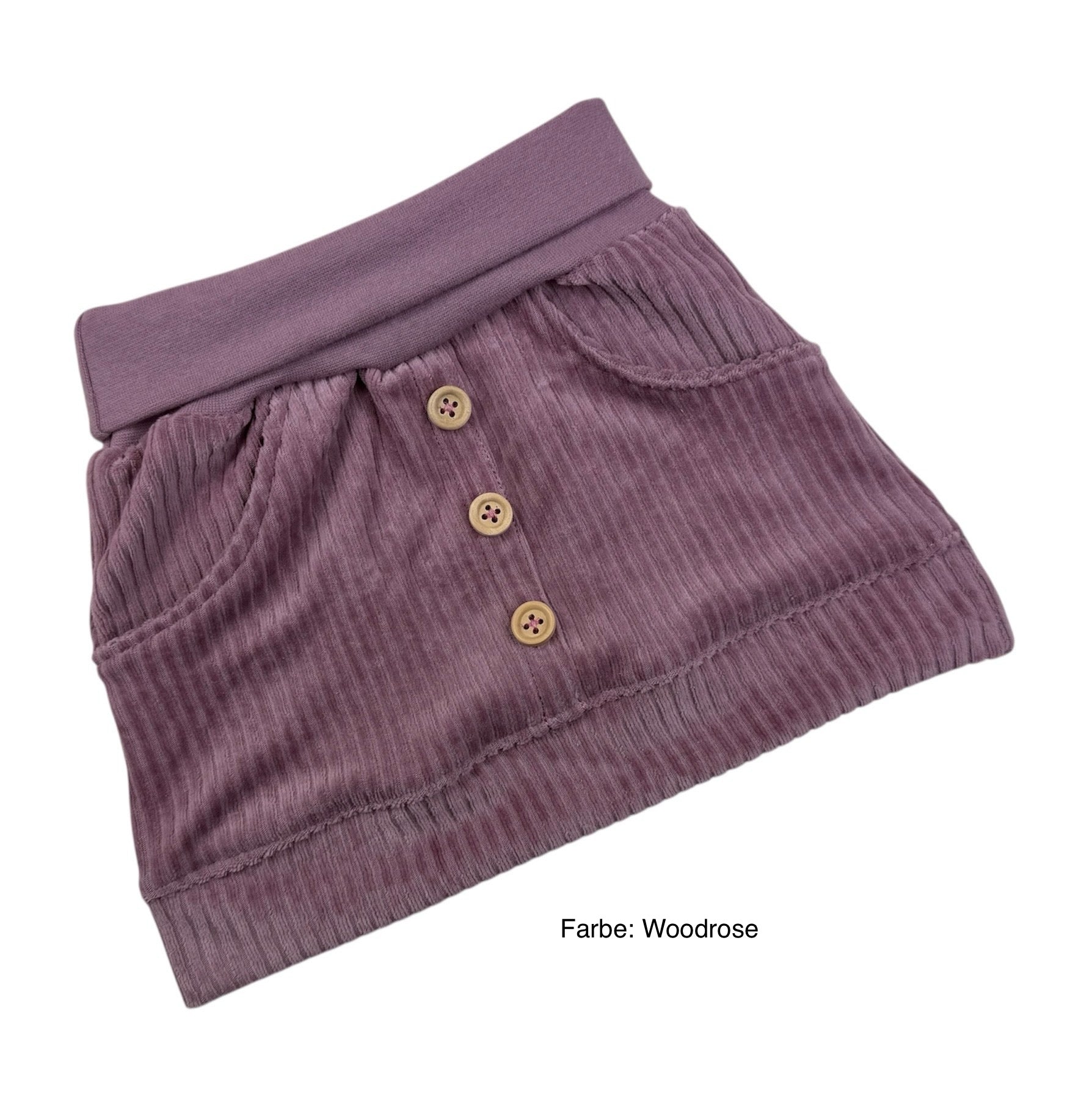 Kinderrock aus Bio Cord Nicky in Woodrose mit Fake- Knopfleiste und Taschen Größe 74 bis 140