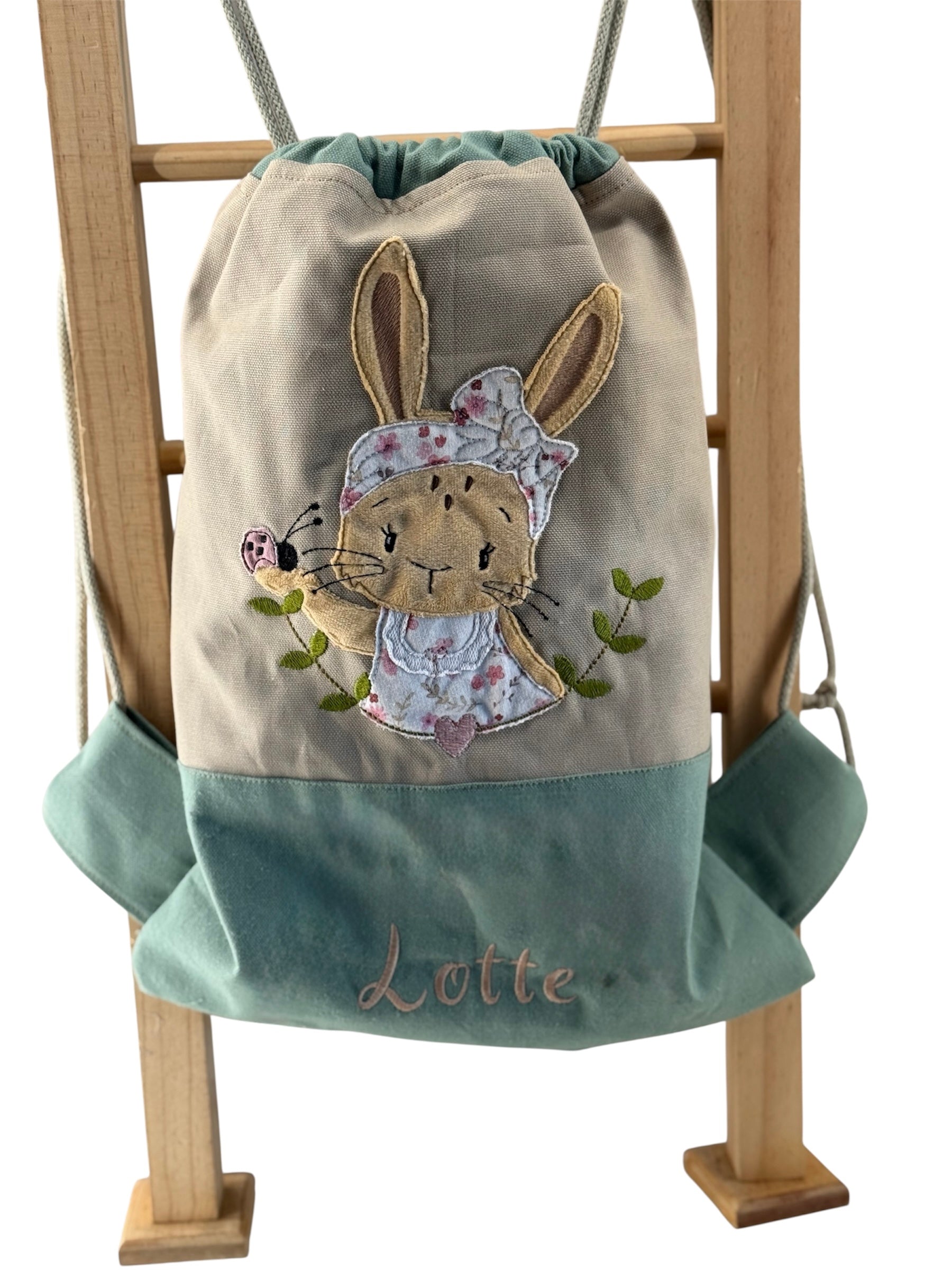 Canvas-Turnbeutels Hase Lotta, Beige und Salbeigrün