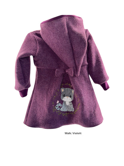 Personalisierbarer Wollmantel Baby und Kind, violett, mit Stickerei Katze