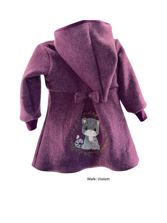 Personalisierbarer Wollmantel Baby und Kind, violett, mit Stickerei Katze