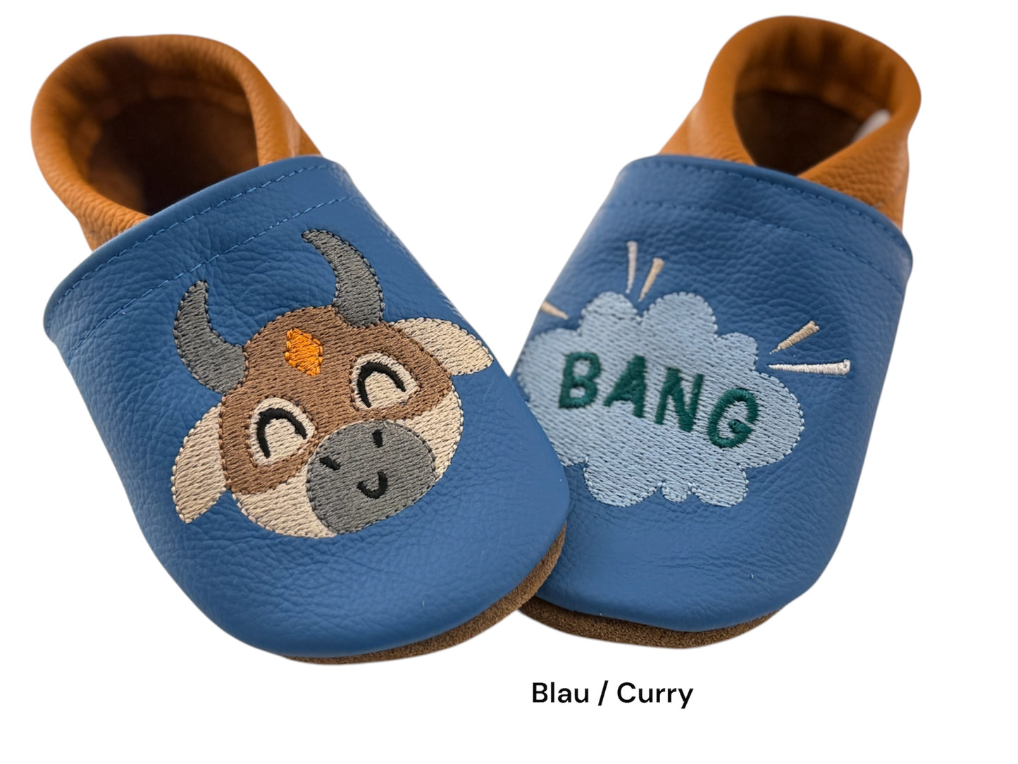 Lederpuschen blau curry mit Kuh Motiv personalisiert Name Baby