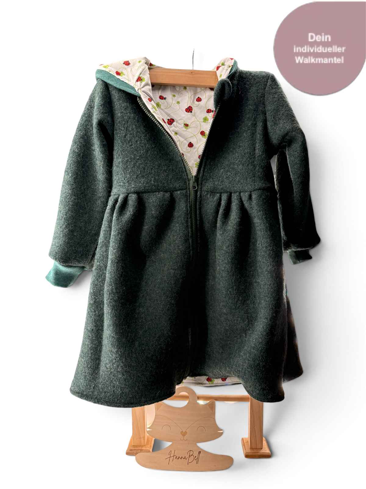 Personalisierbarer Walkmantel für Kinder (Gr. 74–134) – handmade Wollmantel aus 100% Walkwolle mit Zipfelkapuze & Wunsch-Stickerei